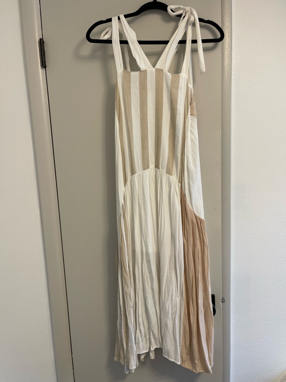 Cream and Beige Striped Tie-Shoulder Maxi Dress